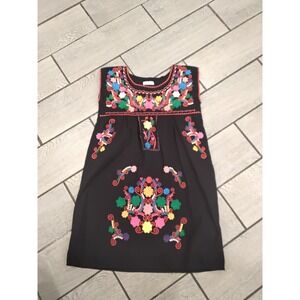 YZXDORWJ Women Mexican Floral Embroidered Sleeveless Shift Dress Black Medium